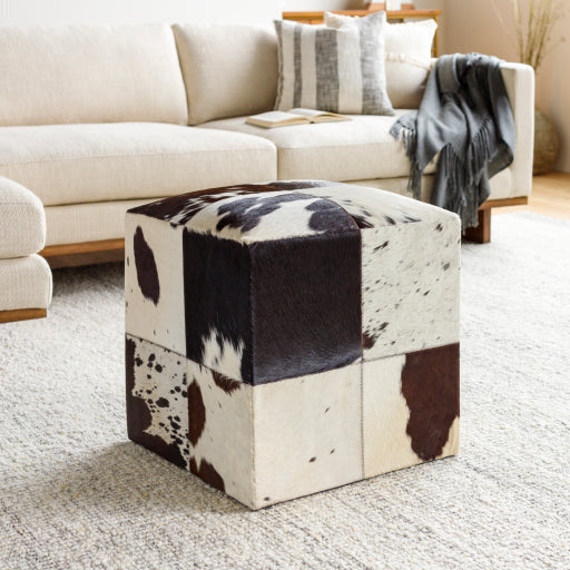 Surya Appalachian Modern Rustic Hair On Hide Black, Cream, Beige & Brown Patchwork Leather Pouf Ottoman POUF-56