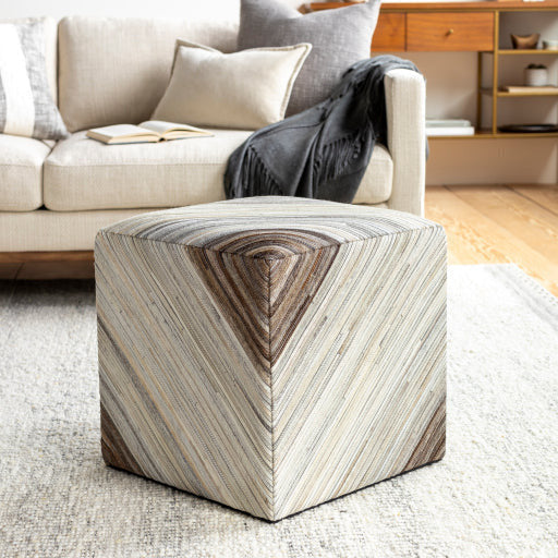 Surya Zander Modern Hair On Hide Ivory, Beige, Gray & Brown Patched Leather Pouf Ottoman ZNPF-003