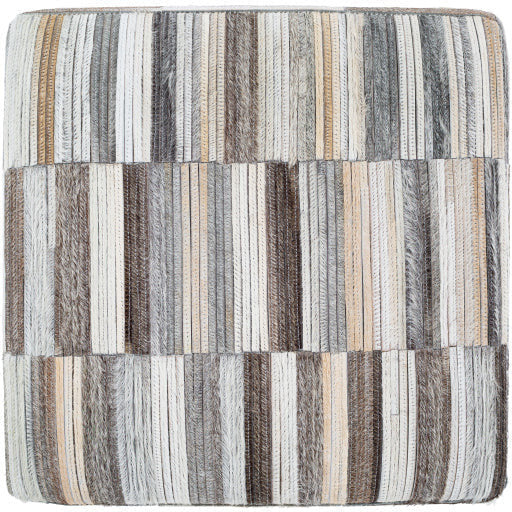 Surya Zander Modern Hair On Hide Gray, Light Gray & Charcoal Patched Leather Pouf Ottoman ZNPF-005