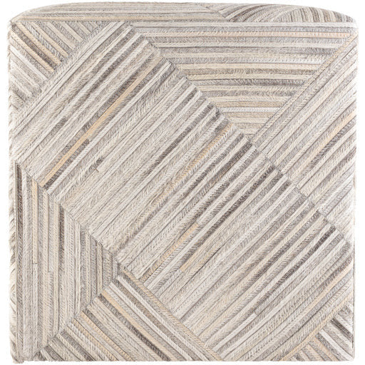 Surya Zander Modern Hair On Hide Gray, Cream, Charcoal & Taupe Patched Leather Pouf Ottoman ZNPF-007