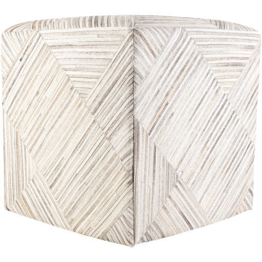 Surya Zander Modern Hair On Hide Gray, Cream, Charcoal & Taupe Patched Leather Pouf Ottoman ZNPF-007