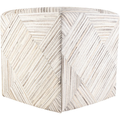Surya Zander Modern Hair On Hide Gray, Cream, Charcoal & Taupe Patched Leather Pouf Ottoman ZNPF-007