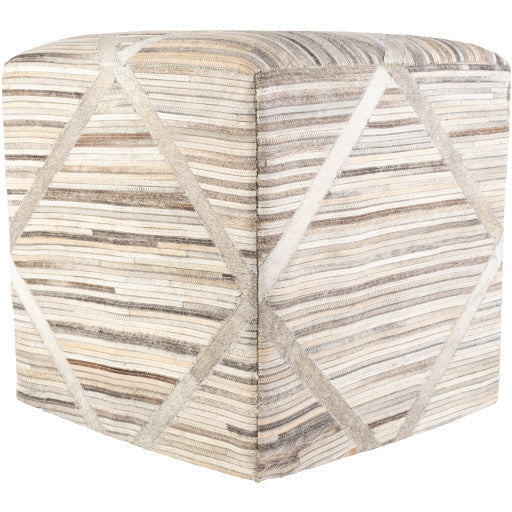 Surya Zander Modern Hair On Hide Charcoal, Tan, Gray, Beige & Cream Patched Leather Pouf Ottoman ZNPF-009