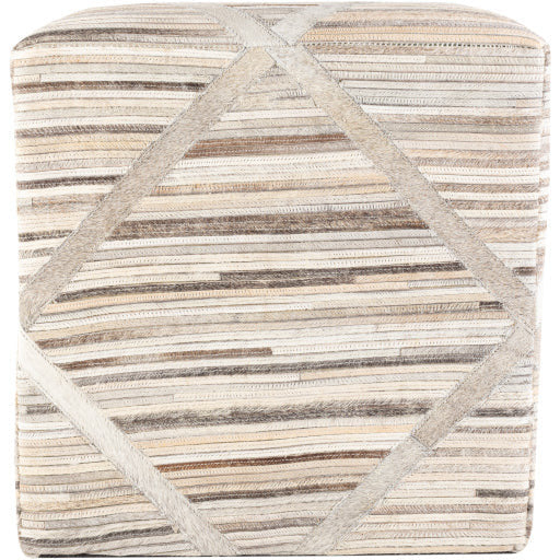 Surya Zander Modern Hair On Hide Charcoal, Tan, Gray, Beige & Cream Patched Leather Pouf Ottoman ZNPF-009