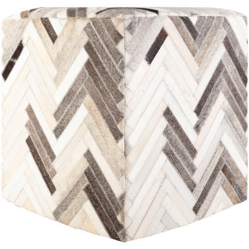 Surya Zander Modern Hair On Hide Black, Gray, Cream & Tan Patched Leather Pouf Ottoman ZNPF-010