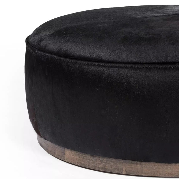 Four Hands Sinclair Large Round Ottoman ~ Black Hair on Hide Leather