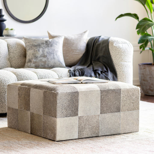 Surya Laredo Modern Rustic Hair On Hide Gray Patchwork Leather Ottoman LRO-001