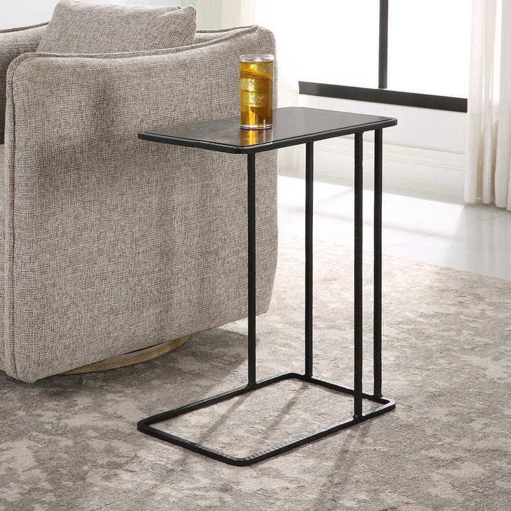 Uttermost Cavern Polished Bluestone Top With Black Iron Base Accent Table