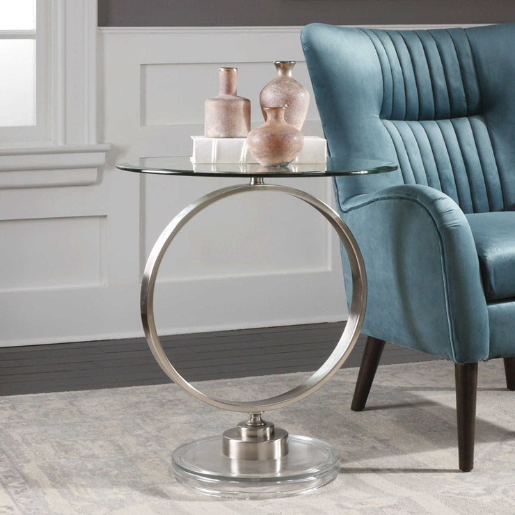 Uttermost Dixon Glass Top Brushed Nickel Contemporary Round Side Table