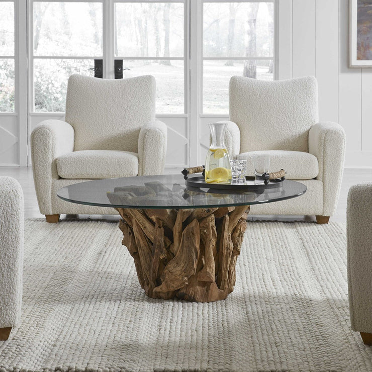 Uttermost Driftwood Glass Top With Pieced Teak Wood Rustic Modern Round Coffee Table