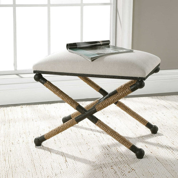Uttermost Firth Oatmeal Fabric Cushion Seat Rustic Iron Small Bench