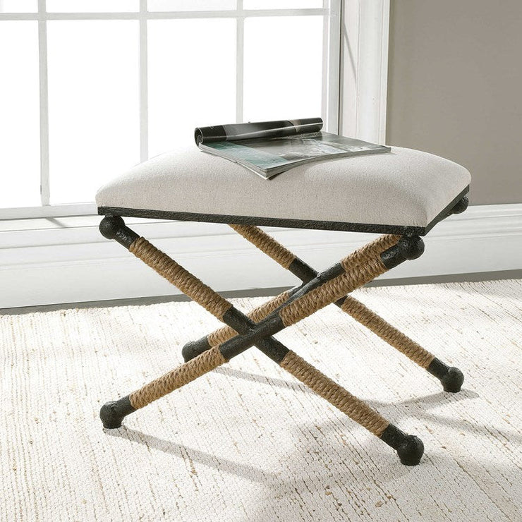 Uttermost Firth Oatmeal Fabric Cushion Seat Rustic Iron Small Bench