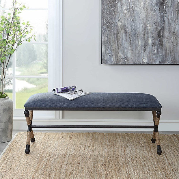 Uttermost Firth Navy Blue Fabric Cushion Seat Rustic Iron Bench