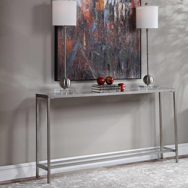 Uttermost Hayley Mirrored Too With Antiqued Silver Iron Modern Narrow Console Table