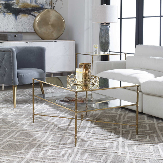 Uttermost Henzler Mirrored Top With Antiqued Gold Iron Coffee Table