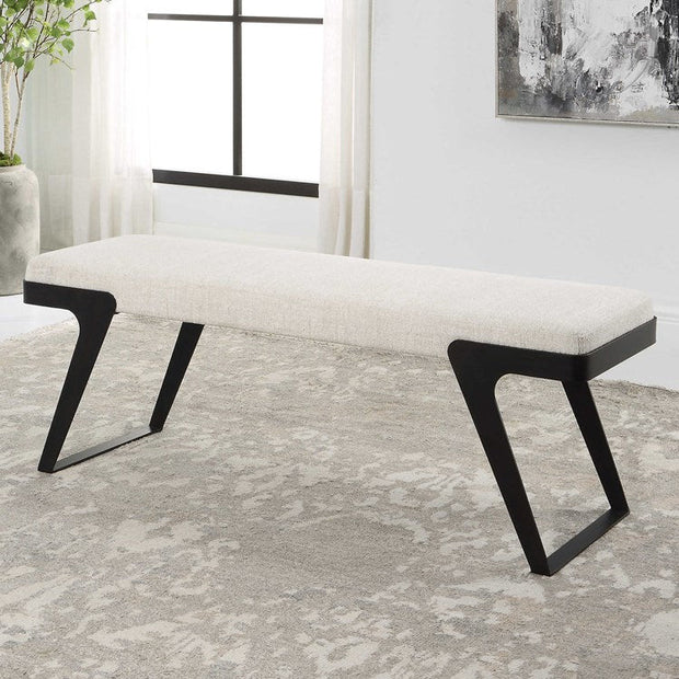 Uttermost Hover White Boucle Performance Fabric Seat Modern Aged Black Iron Bench