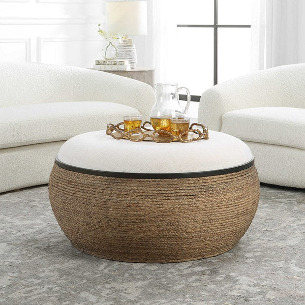 Uttermost Island Beige Performance Fabric Coastal Style Round Ottoman