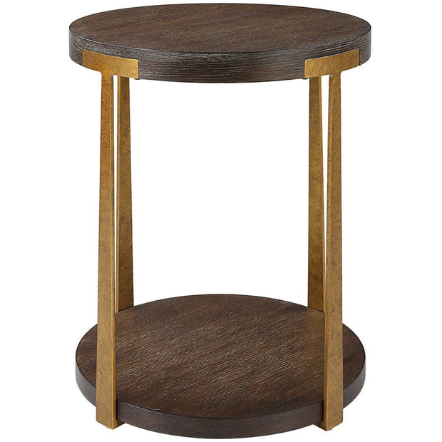Uttermost Palisade Rich Coffee Finished Oak With Antiqued Gold Metal Modern Side Table