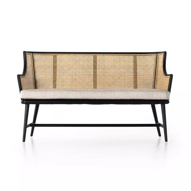 Four Hands Walter Natural Cane Accent Bench ~ Drifted Matte Black with Cushioned Seat