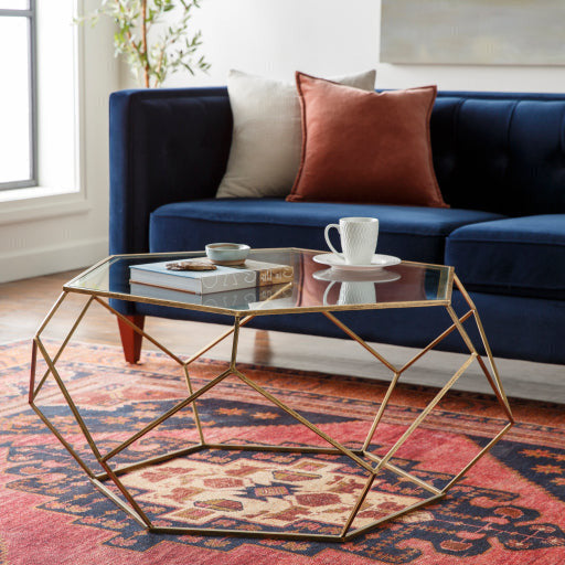 Surya Zig Zag Modern Glass Top With Gold Metal Base Round Coffee Table ZIA-001