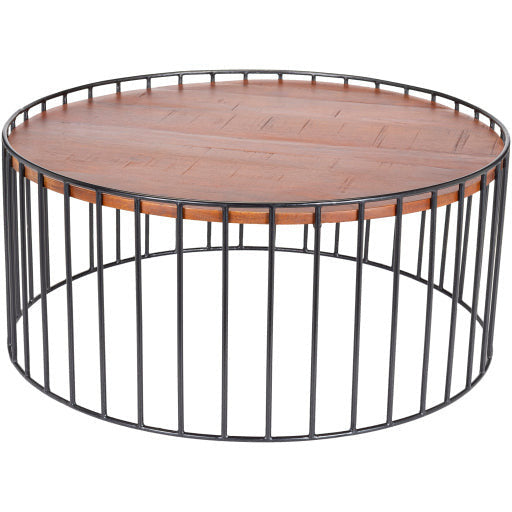 Surya Asmayra Modern Brown Wood Top With Black Metal Base Round Coffee Table AYM-002