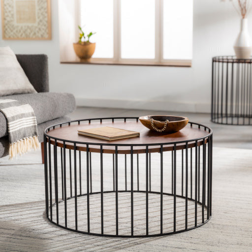 Surya Asmayra Modern Brown Wood Top With Black Metal Base Round Coffee Table AYM-001