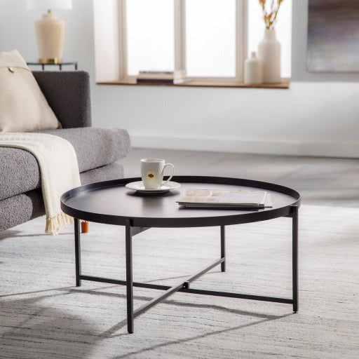 Surya Aracruz Modern Black Wood Top With Black Metal Round Coffee Table AZU-001