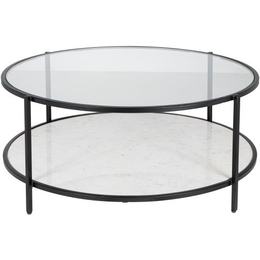 Surya Alecsa Modern Glass Top With Wood & Metal Mirrored Base Round Coffee Table EAA-005