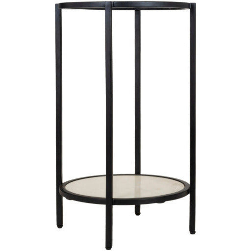 Surya Alecsa Modern Glass Top & Black Metal Base With Marble Bottom Shelf Accent Side Table EAA-009