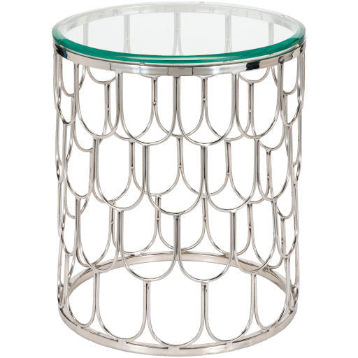 Surya Cage Modern Glass Top With Metallic Silver Stainless Steel Base Accent Side Table GEA-001