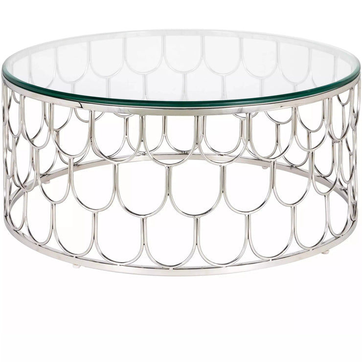 Surya Cage Modern Glass Top With Metallic Silver Stainless Steel Base Round Coffee Table GEA-002