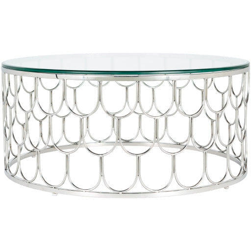 Surya Cage Modern Glass Top With Metallic Silver Stainless Steel Base Round Coffee Table GEA-002
