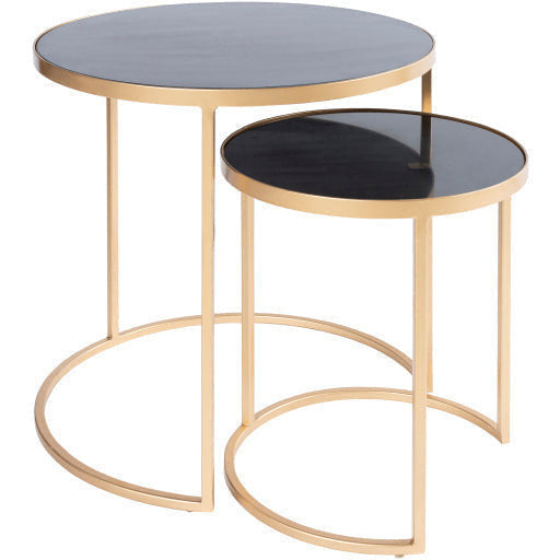 Surya Hearthstone Modern Black Granite Top With Metallic Gold Metal Base Set of 2 Nesting Accent Side Tables HTS-003