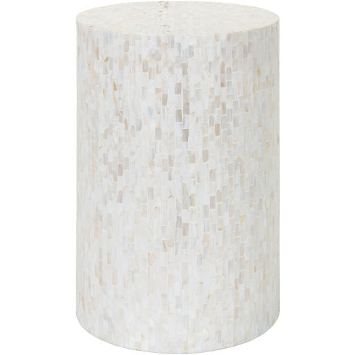 Surya Iridescent Modern Ivory & Tan Shell and Wood Round Accent Side Table ISC-003