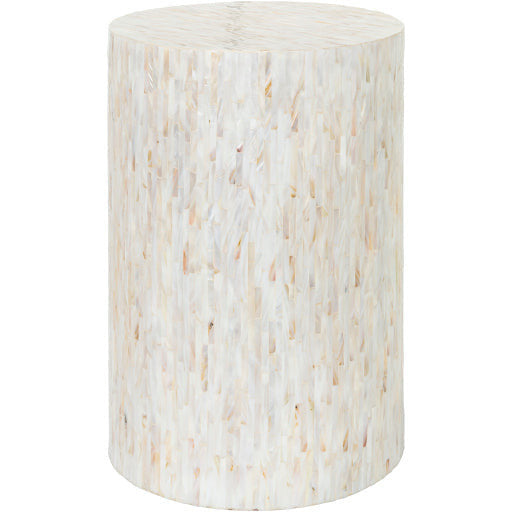 Surya Iridescent Modern Ivory & Tan Shell and Wood Round Accent Side Table ISC-003