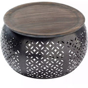 Surya Jaali Modern Dark Brown Wood Top With Charcoal Metal Base Round Coffee Table JLI-003