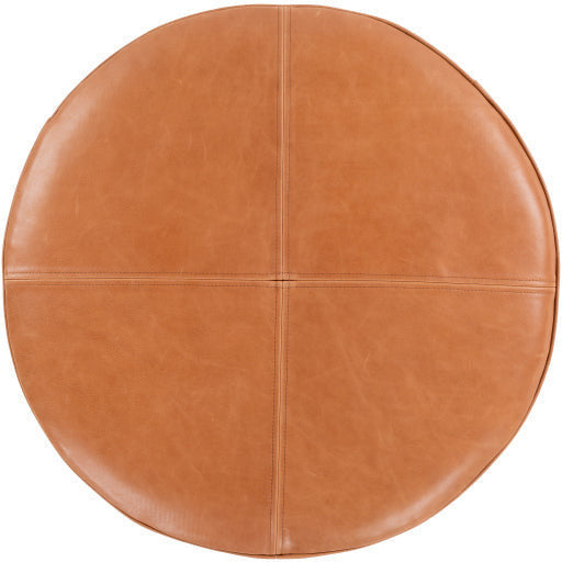 Surya Lance Modern Rustic Brown Quilted Leather Round Ottoman LEPF-001