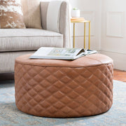 Surya Lance Modern Rustic Brown Quilted Leather Round Ottoman LEPF-001