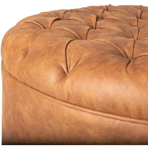 Surya Medford Modern Rustic Faux Brown Leather Round Tufted Ottoman MEF-001