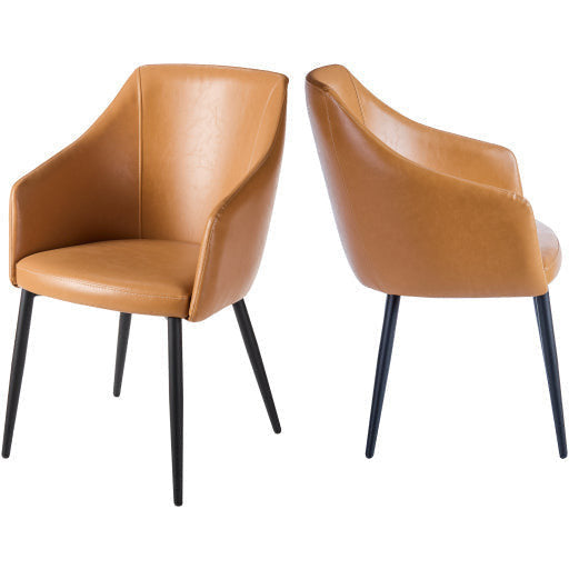 Surya Milford Modern SET OF 2 Faux Cognac Leather Dining Chairs With Black Metal Legs