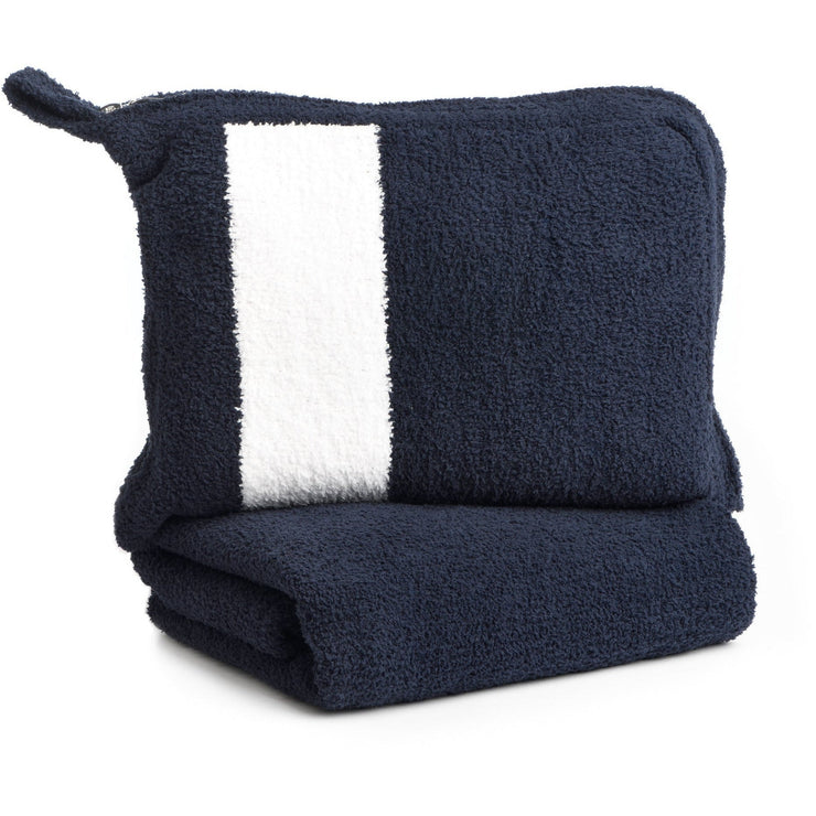 Kashwere Ultra Plush Stripe Travel Blanket & Pouch Available in Pink, Navy, Aquarelle, Slate With White & Burnt Orange, Ruby Red, Stone, Camel & Malt With Crème