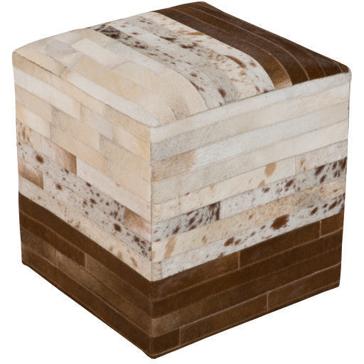 Surya Appalachian Modern Rustic Hair On Hide Ivory, Brown  & Dark Brown Patched Leather Pouf Ottoman POUF-237