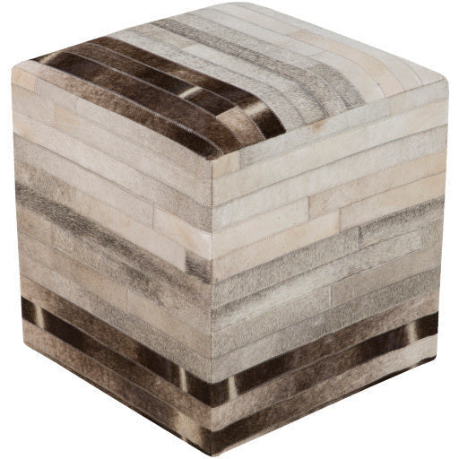 Surya Appalachian Modern Rustic Hair On Hide Ivory, Brown  & Dark Brown Patched Leather Pouf Ottoman POUF-237