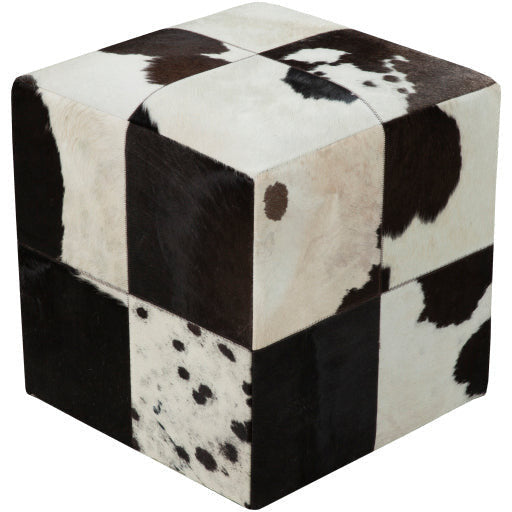Surya Appalachian Modern Rustic Hair On Hide Black, Cream, Beige & Brown Patchwork Leather Pouf Ottoman POUF-56