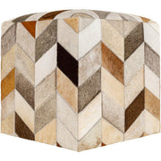 Surya Appalachian Modern Rustic Hair On Hide Ivory, Brown & Gray Patched Leather Pouf Ottoman POUF-242