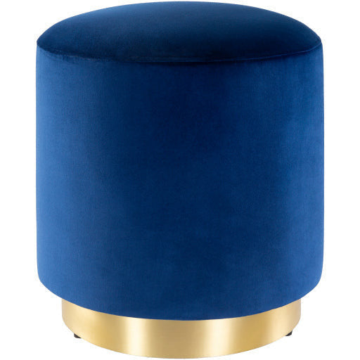 Surya Roxeanne Modern Dark Blue Velvet Round Pouf Ottoman With Gold Base RON-004