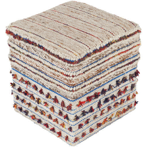 Surya Scotia Modern Boho Red, Yellow, Blue, Cream & Brown Woven Pouf Ottoman SCPF-001