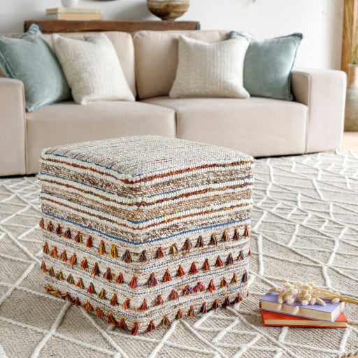 Surya Scotia Modern Boho Red, Yellow, Blue, Cream & Brown Woven Pouf Ottoman SCPF-001