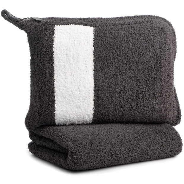 Kashwere Ultra Plush Stripe Travel Blanket & Pouch Available in Pink, Navy, Aquarelle, Slate With White & Burnt Orange, Ruby Red, Stone, Camel & Malt With Crème