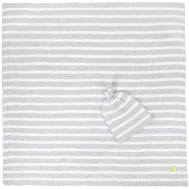 Kashwere Baby Ultra Soft Stripe Baby Blanket & Cap Available In Malt, Stone & Iris With Crème and Pink Orchid & Navy With White